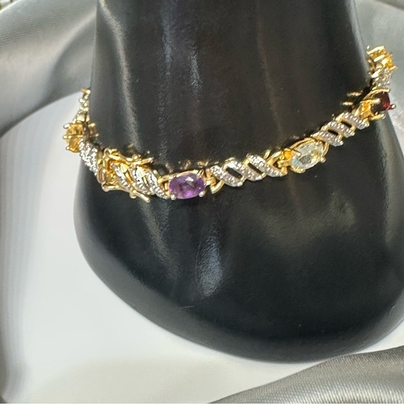 925 Sterling Silver Two-Tone Multi-Gemstone Hinged Bangle Bracelet - Picture 17 of 17